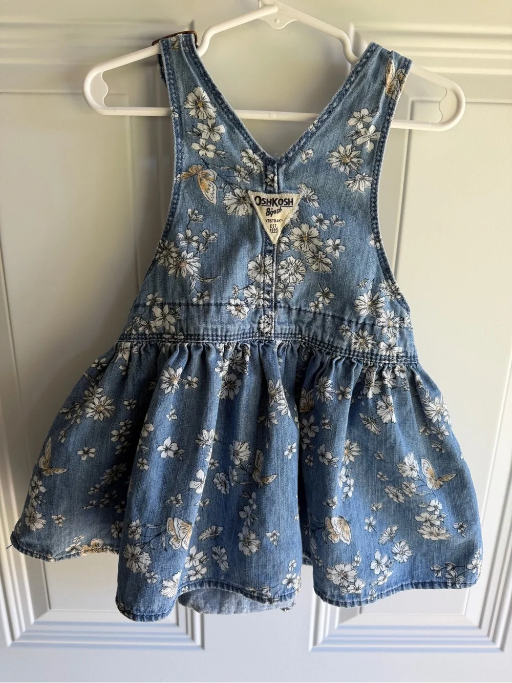 OshKosh B'gosh Girls' Blue Floral & Butterfly Denim Overall Dress 3T